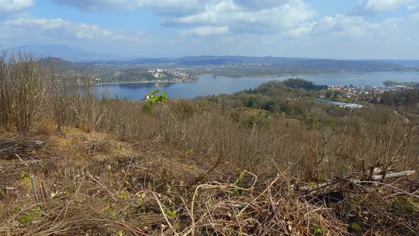 First-person view of Maggiore lake from Motta Grande panoramic viewpoint in Arona. Italy