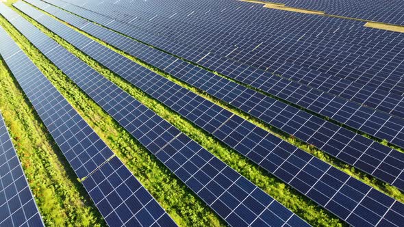 Aerial Drone View Flight Over Solar Power Station Panels