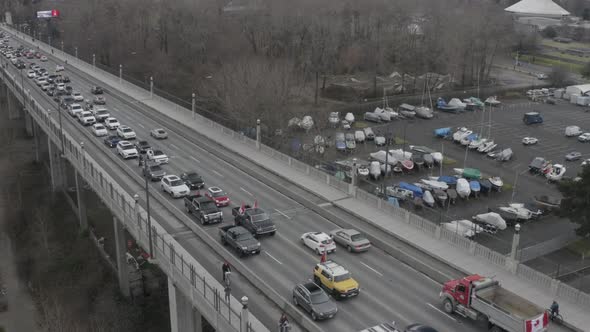 Scene Of Traffic At Burrard Bridge During The Truckers Convoy Protest In Vancouver, Canada. Aerial D