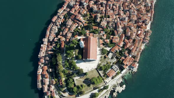 Aerial view of Rovinj old town facing the Adriatic Sea in Istria, Croatia.