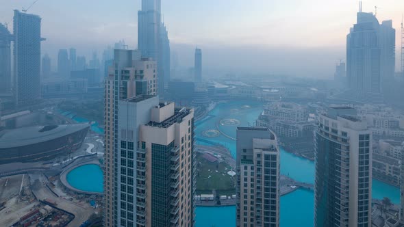 Foggy Morning in Downtown of Dubai Night to Day Timelapse