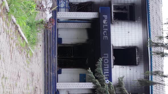 Vertical Video of a Destroyed Police Station During the War in Ukraine