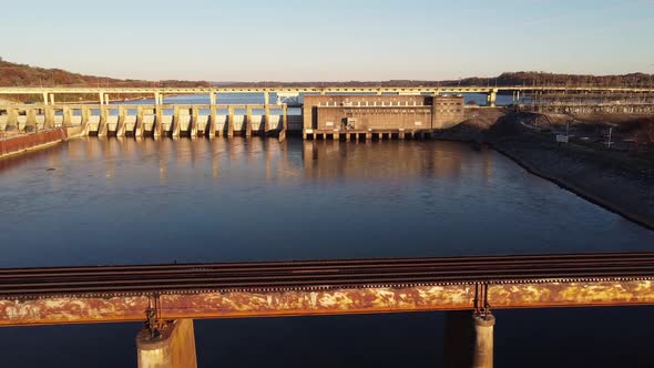 Cinematic aerial towards the Chickamauga Hydroelectric Dam in Chattanooga Tennessee.