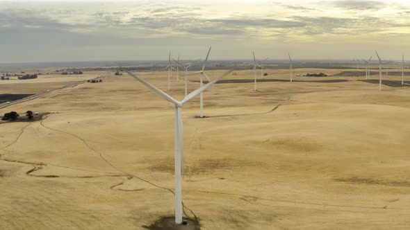 Aerial shot of wind turbines in a field on Montezuma Hills.