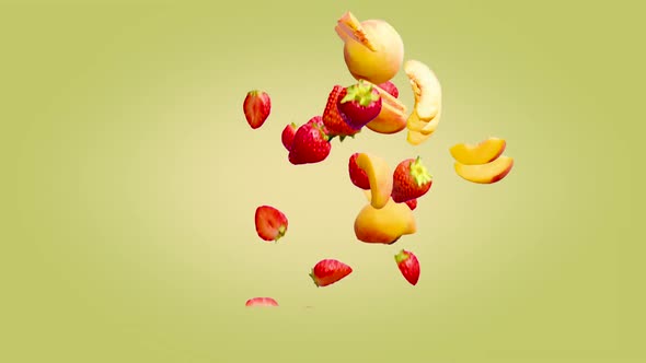 Strawberry and Peach Fruits Fall on a YellowGreen Background