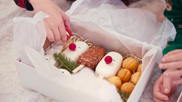 Video Portrait of Two Cute Little Children Eating Christmas Sweets