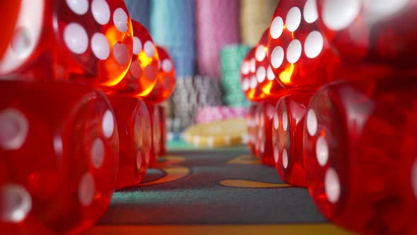 Camera Moves Along the Rows of Red Dice and Zooms in on the Casino Chips