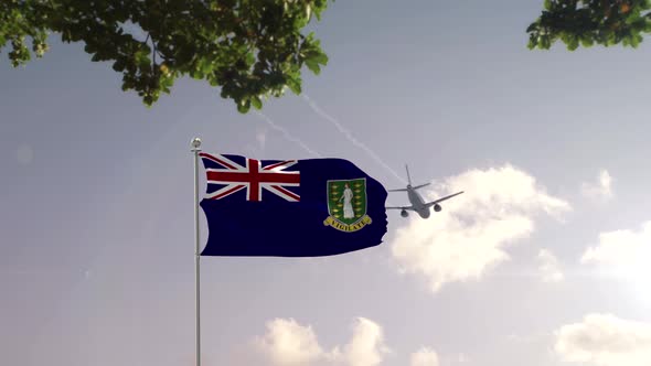 Virgin Islands UK Flag With Airplane And City -3D rendering
