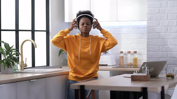 African American Black Handsome Woman Dancing with Headphones Enjoy Life Listening Favourite Music