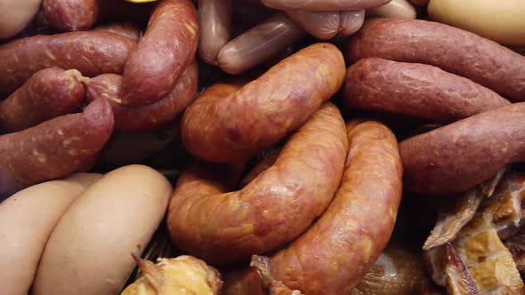 A Variety of Smoked, Cured Sausages, Sausages, Smoked Meat