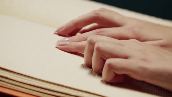 Blind Woman Reading Braille Book Top View Poorly Seeing Female Person Learning to Read Home