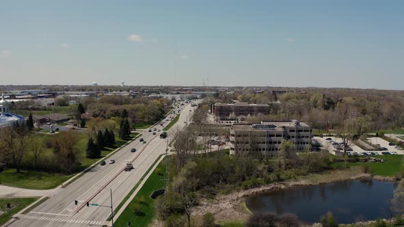 Aerial Drone View of American Higway in Suburb at Summertime