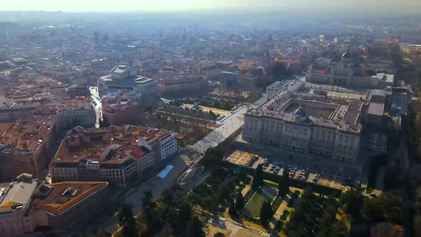 Flying over the Palacio Real and its gardens in Madrid