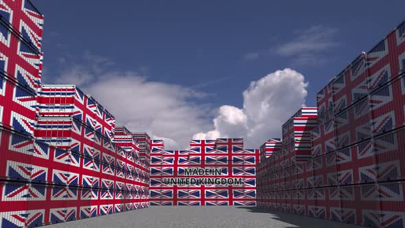 Many Containers with MADE IN UNITED KINGDOM Text and Flags