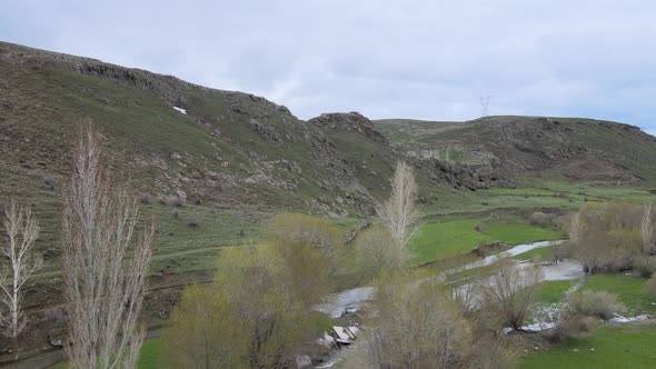 mountains river spring landscape trees