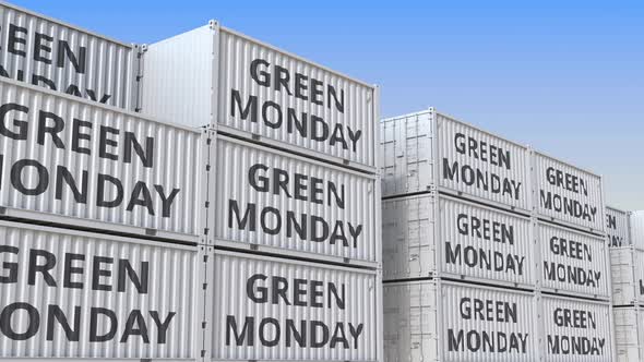 Containers with GREEN MONDAY Text