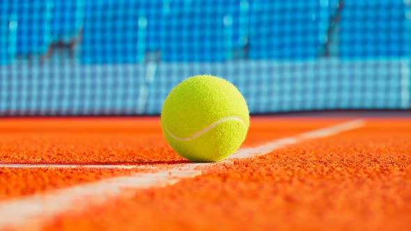 Animation of a tennis ball on the white line. Orange tennis court. Render 4K HD