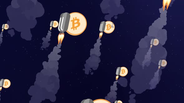 Bitcoin coins with jetpacks rush to the moon (cryptocurrency bull market concept)