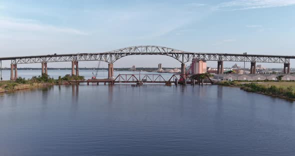 Aerial of cars traveling over the Calcasieu River Bridge in Lake Charles, Louisiana