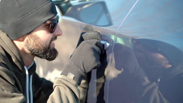 Criminal Bandit Job Burglar Hijacks Auto. Street Crime Violence Gangster Robber. Thief Breaks Lock.