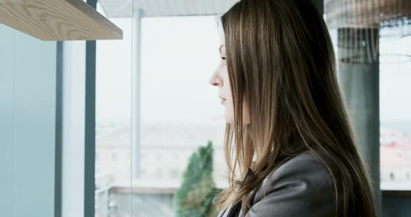 Portrait of Young Attractive Female Who Looking at the Camera on the Office Near Window, Cheerfully