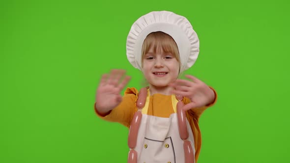 Child Girl Cook Chef Waving Hands Asking to Follow Welcome Hello Hi Gesture on Chroma Key