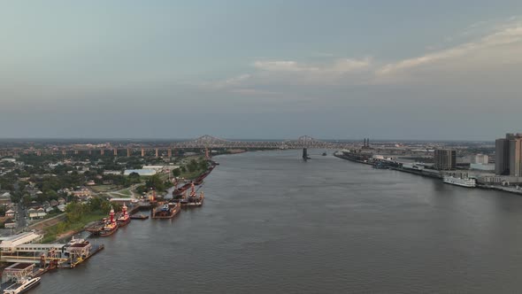 Aerial view of the Mississippi River bridge and the city of New Orleans and Algiers Point