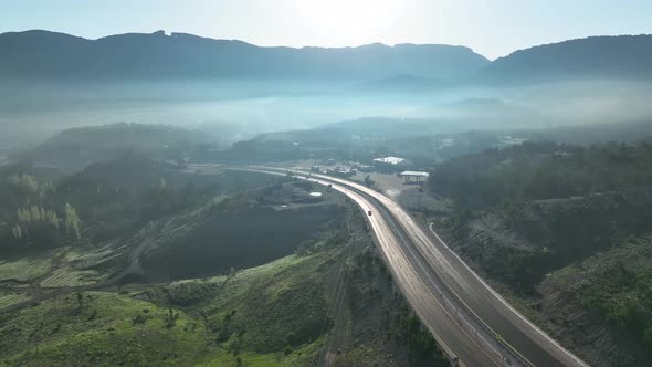 Foggy morning in the mountains aerial view 4 K Turkey