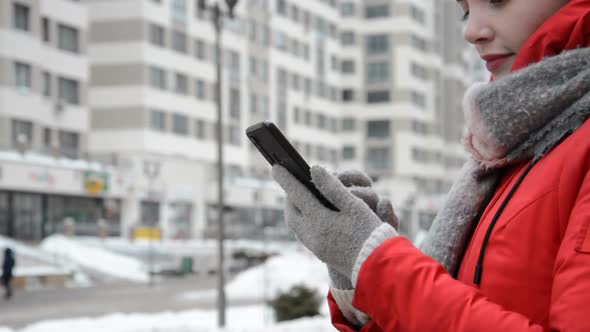 Caucasian Woman Looking at Mobile Phone Walking in the Street to the Office Business Urban People