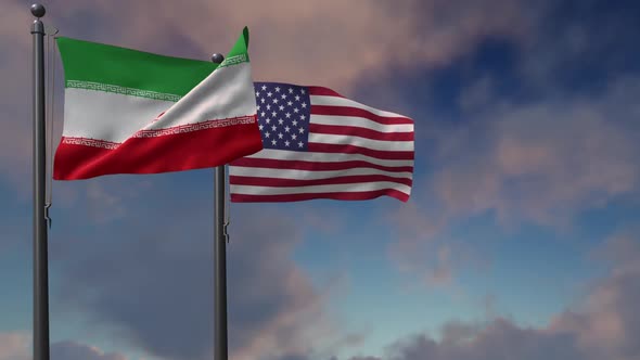 Iran Flag Waving Along With The National Flag Of The USA - 2K