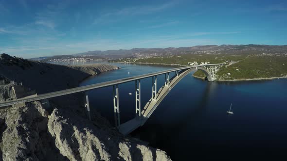 Aerial shot of Krk bridge over the Adriatic Sea