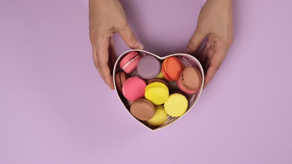 female hands hold cardboard box with baked round macarons on purple background