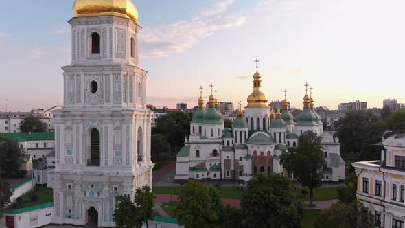 Aerial View of the Bell Tower and Saint Sophia's Cathedral at Dusk Kiev, Ukraine