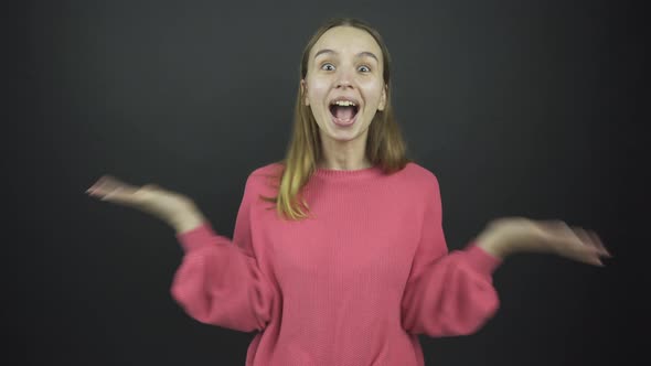 Attractive Girl Performs Emotions of Happiness Jumping