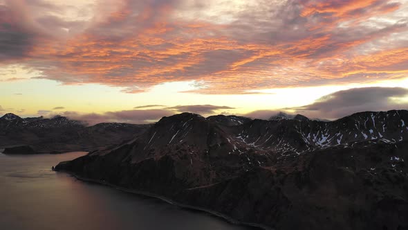 Aerial view of Dutch Harbour at sunset, Unalaska, Alaska, United States.