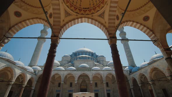 Suleymaniye Mosque Courtyard Interior Walking Through Entrance Portal Towards