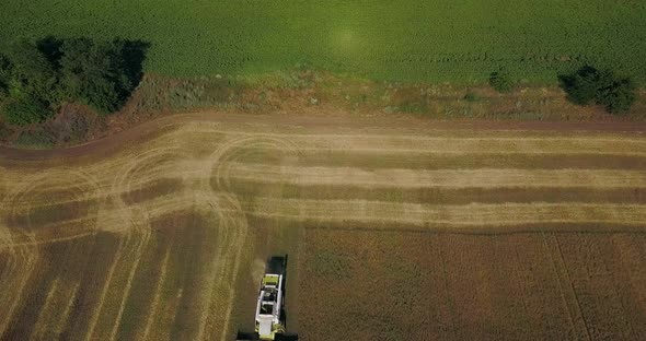 The Harvester On The Field Collects Wheat, A View From A Height