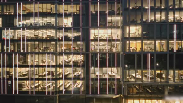 Aerial View of Modern Offices in a Glass Skyscraper at Night