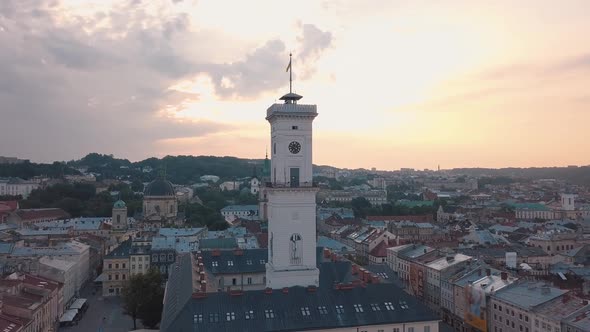 Aerial City Lviv, Ukraine. European City. Popular Areas of the City. Town Hall