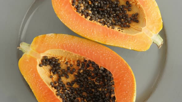 Top View of Ripe Half Cut Papaya. Healthy Summer Food with Tropical Fruits
