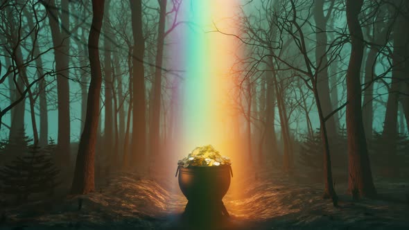 The pot of gold at the end of the rainbow. Leprechaun's treasure in the forest.