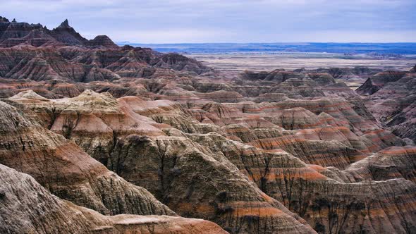 The rocky sedimentary surfaces of Badlands National Park in South Dakota, United States.