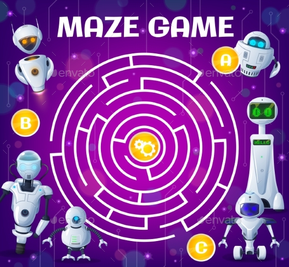 Kid Labyrinth Maze Game Cartoon Robots and Droids