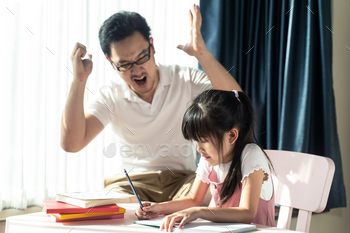 ng and does homework with mean dad strictly  teaching encourage. Father angry  daughter that lazy to study hard. Family domestic parent, kid problem.