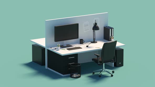 Transformation of two office desks during a day. Business, workplace background