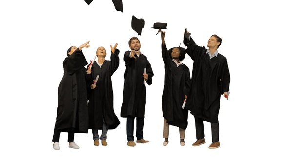 High School Graduates Tossing up Hats on White Background