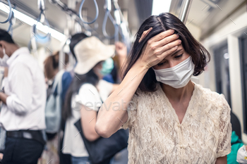 navirus outbreak by wear mask. Woman has fever and sore throat. Lady have a headache. Girl feel sick with high temperature. Covid-19 desease concept.