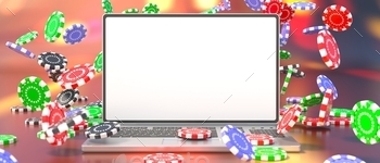 laptop computer screen, falling poker chips background, copy space, template. 3d illustration