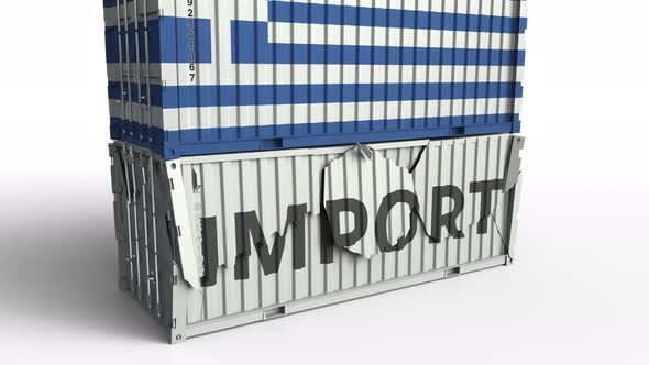 Container with Flag of Greece Breaking Container with IMPORT Text alt
