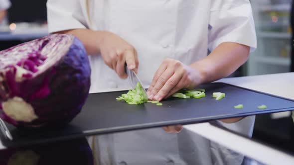 Caucasian female cook working in a restaurant kitchen,slicing celery on a cutting board